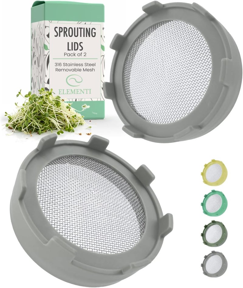 Elementi Sprouting Lids for Mason Jars (Set of 2), Wide Mouth Mason Jar Strainer Screen Lids for Sprouting Kit, 316 Stainless Steel Mesh (Grey) - Image 1